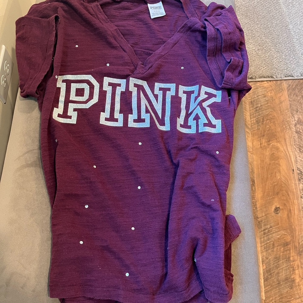 PINK Victoria's Secret Burgundy Tee with Silver Rhinestone Accents - Picture 1 of 6